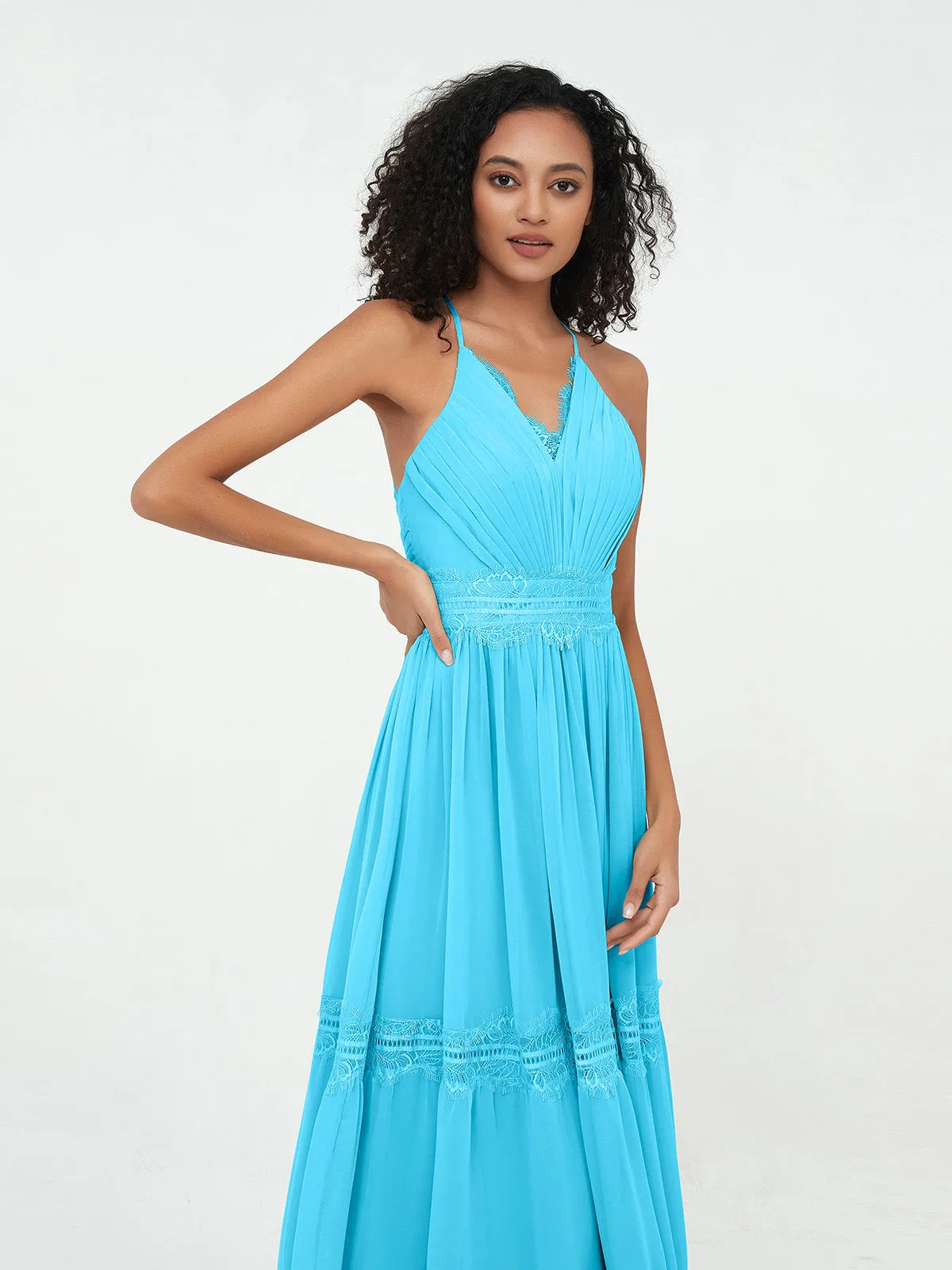 Lace and Chiffon Tiered Skirt Boho Dresses-Pool