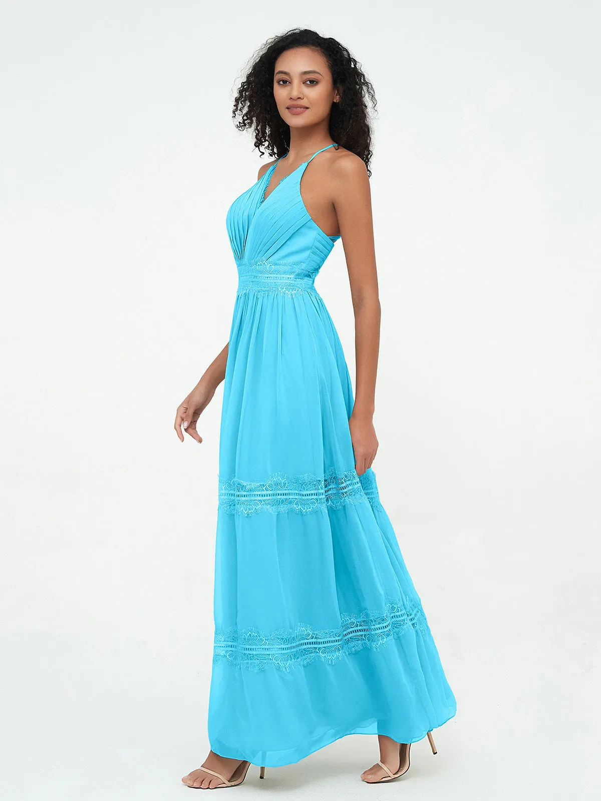 Lace and Chiffon Tiered Skirt Boho Dresses-Pool