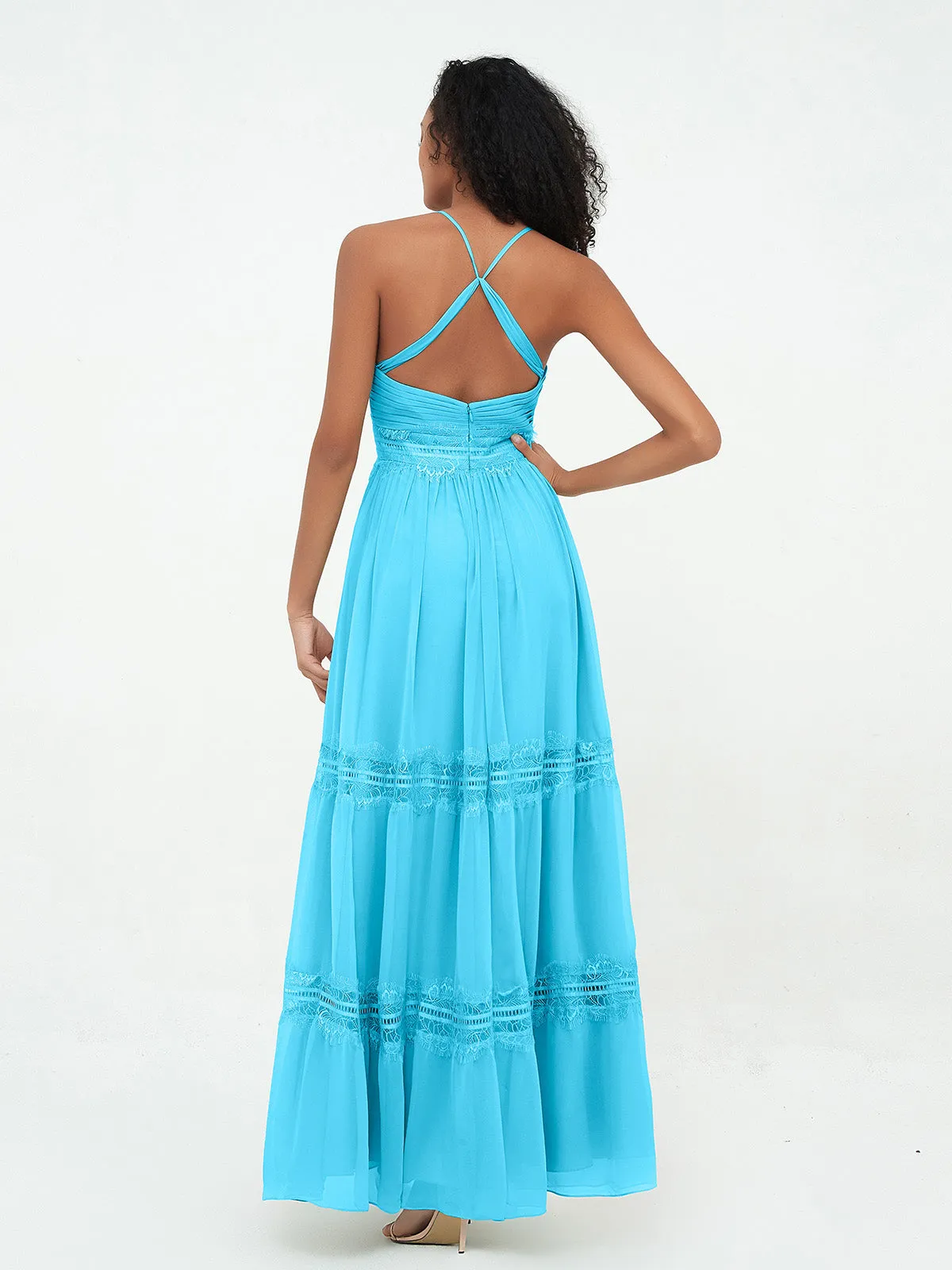 Lace and Chiffon Tiered Skirt Boho Dresses-Pool