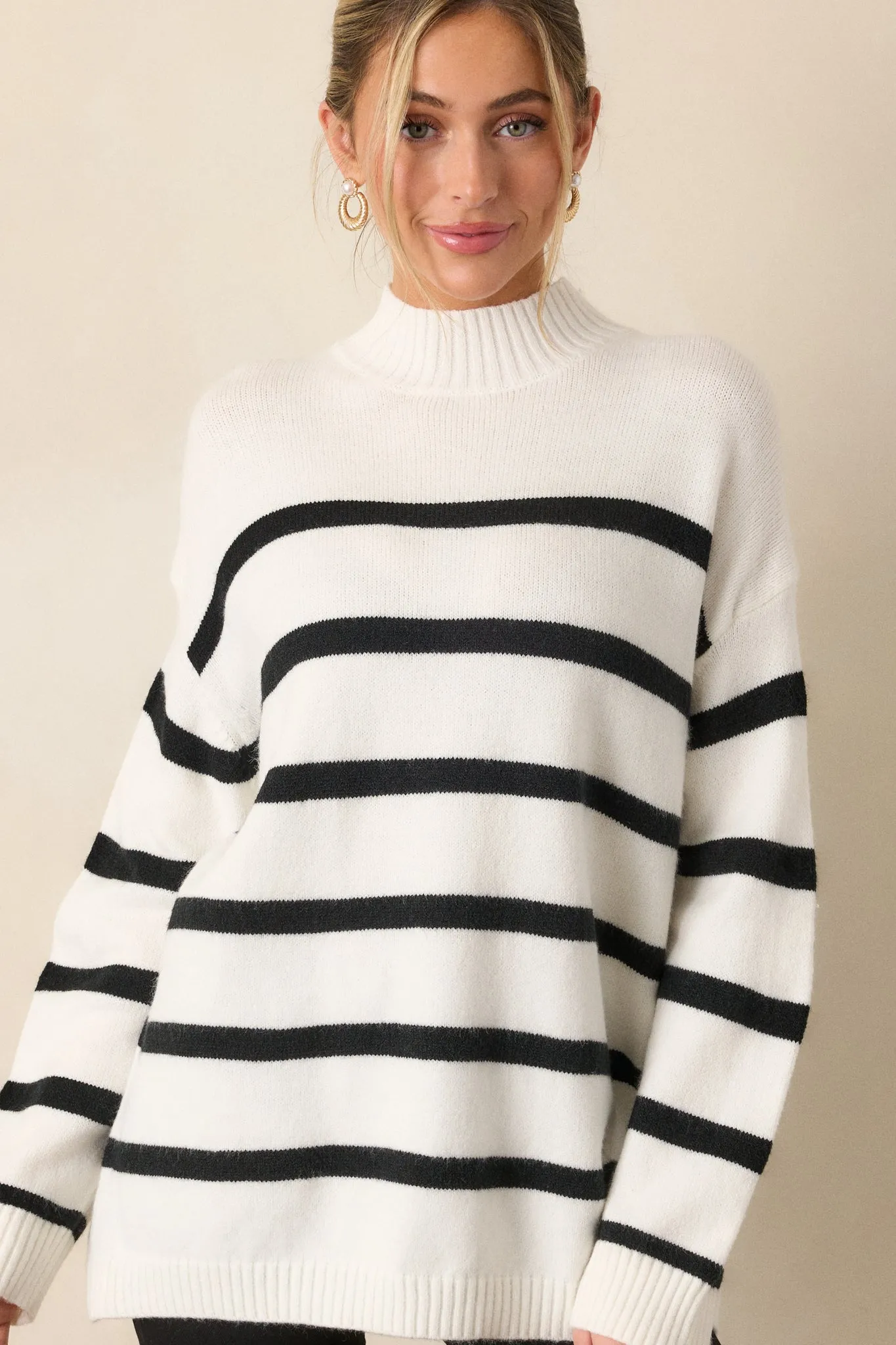 Looks Of Love White Stripe Mock Neck Sweater