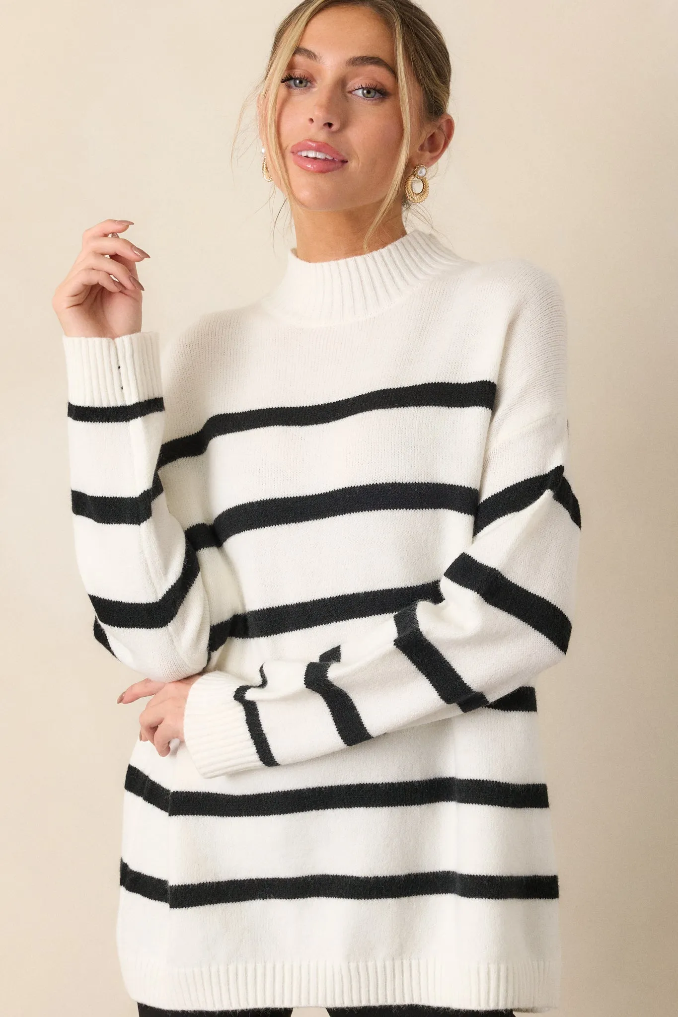 Looks Of Love White Stripe Mock Neck Sweater