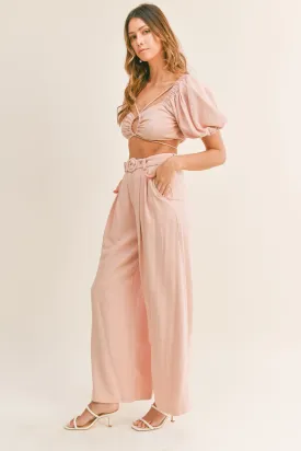 Mable Cut Out Drawstring Crop Top And Belted Pants Set