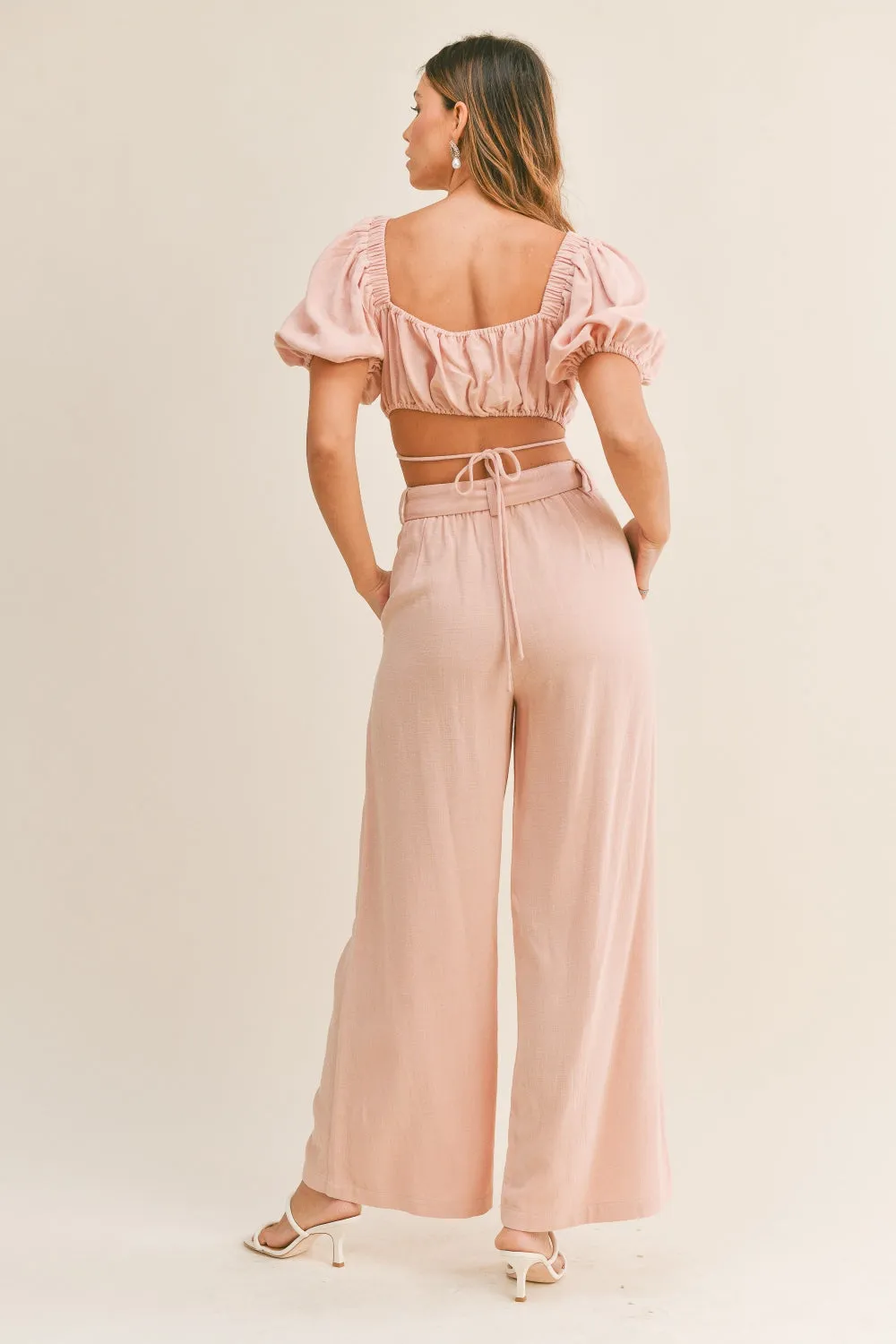 Mable Cut Out Drawstring Crop Top And Belted Pants Set