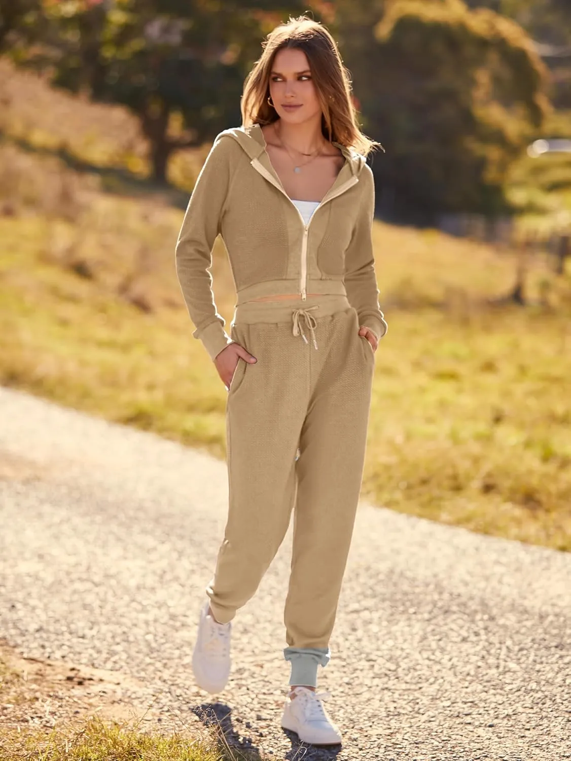MASCOMODA 2 Piece Outfits for Women Fall 2023 Casual Lounge Sets Hoodie Full Zip Sweatshirt and Long Sweatpants with Pockets