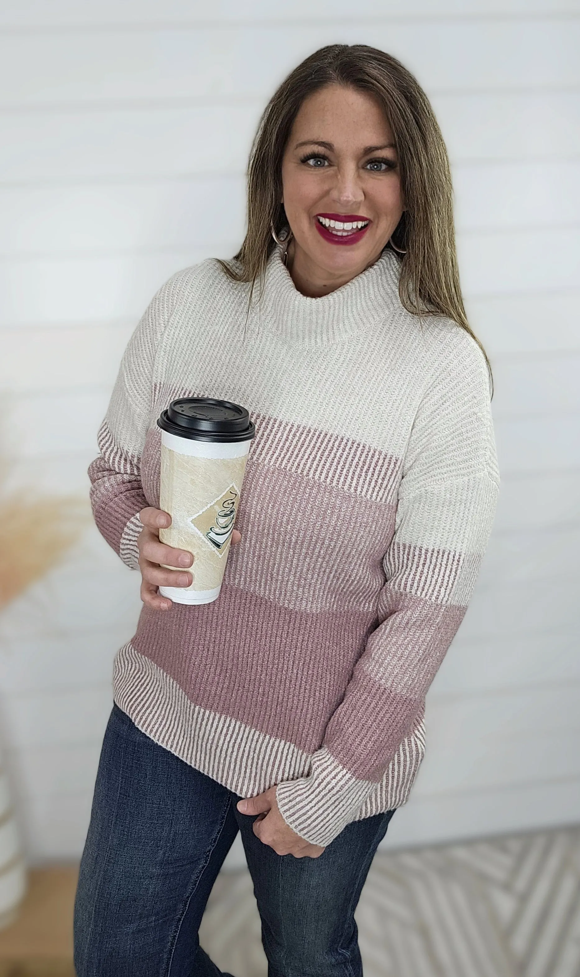 MAUVE RIBBED COLORBLOCK MOCK NECK SWEATER