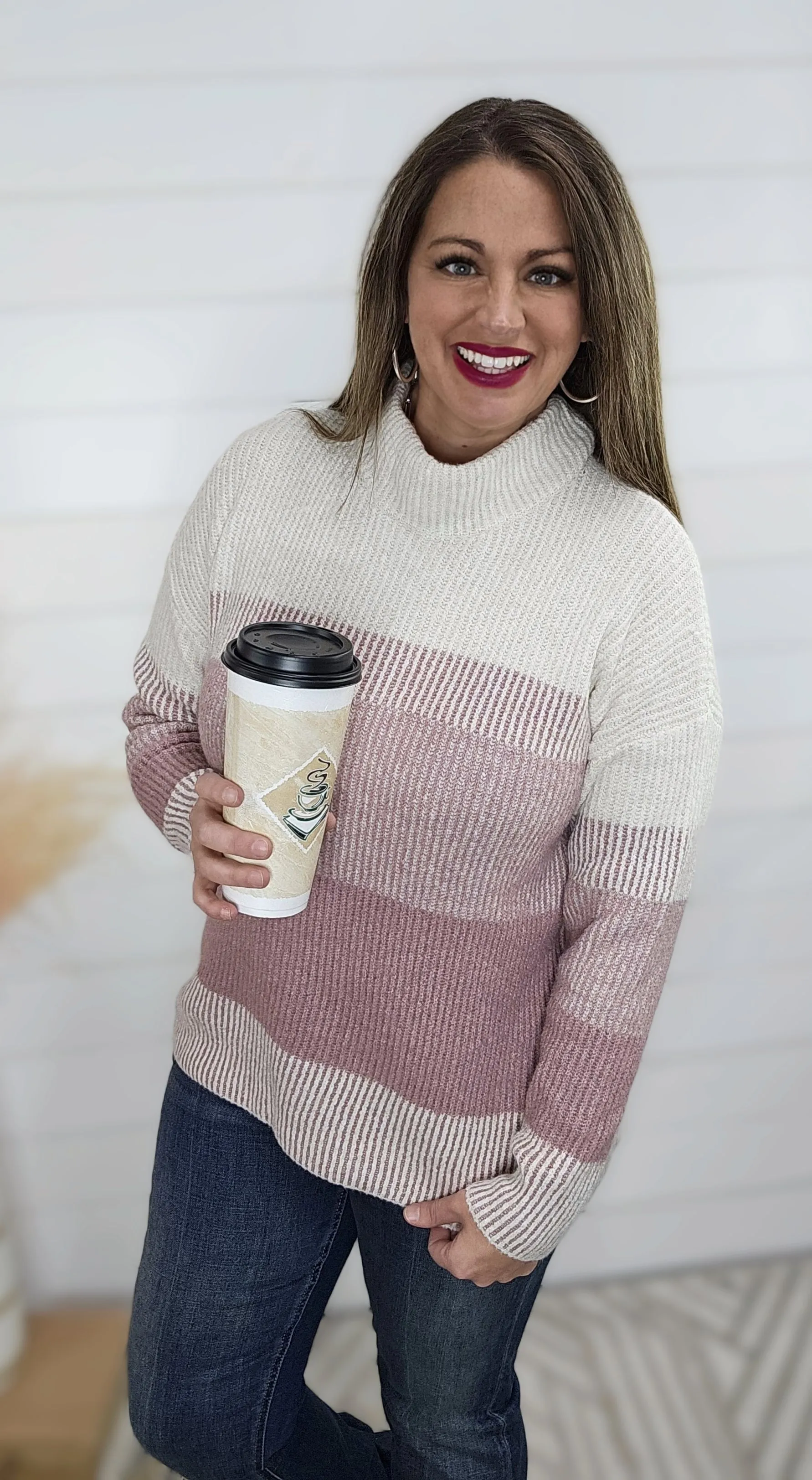 MAUVE RIBBED COLORBLOCK MOCK NECK SWEATER