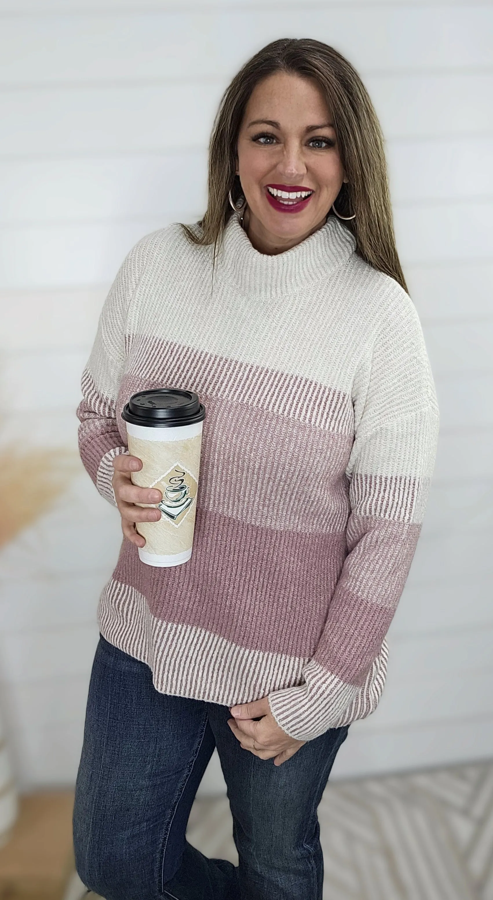 MAUVE RIBBED COLORBLOCK MOCK NECK SWEATER