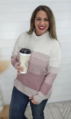 MAUVE RIBBED COLORBLOCK MOCK NECK SWEATER