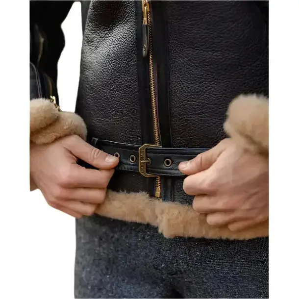 Men's Black Aviator Fur Sheepskin Leather Jacket – Warm & Stylish