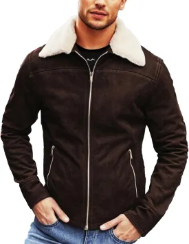 Men's Brown Suede Leather Fur Shearling Collar Jacket - Black Leather Motorcycle Jacket Men - Brown Corduroy Coat