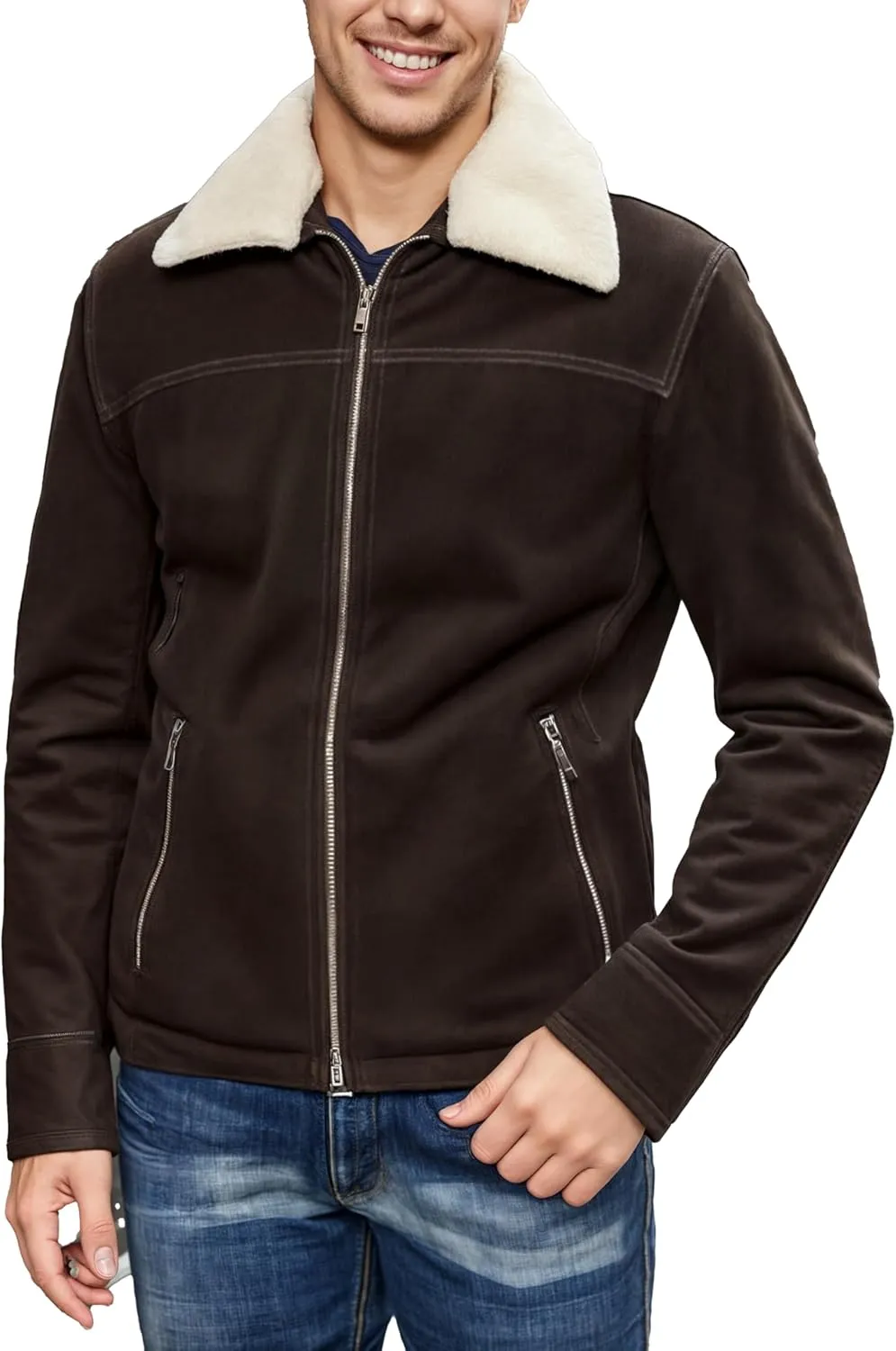 Men's Brown Suede Leather Fur Shearling Collar Jacket - Black Leather Motorcycle Jacket Men - Brown Corduroy Coat