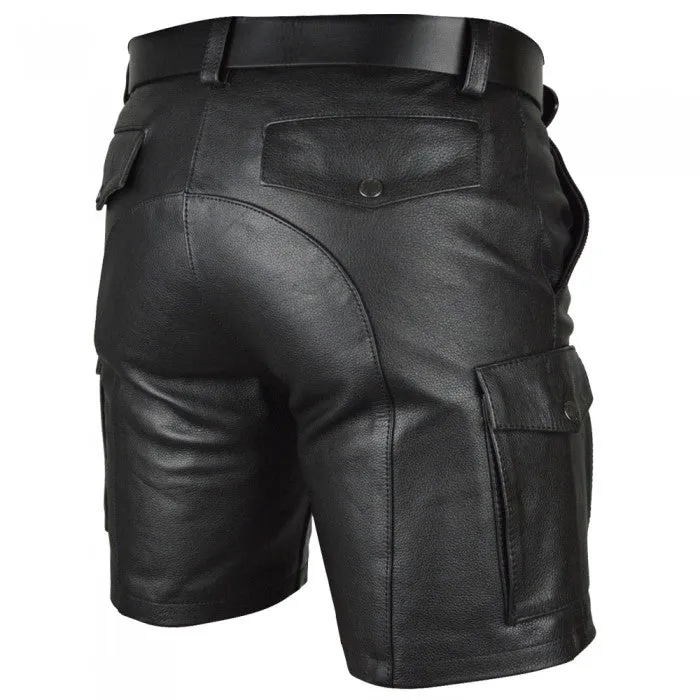 Men's Genuine Leather Casual Cargo Shorts with Belt