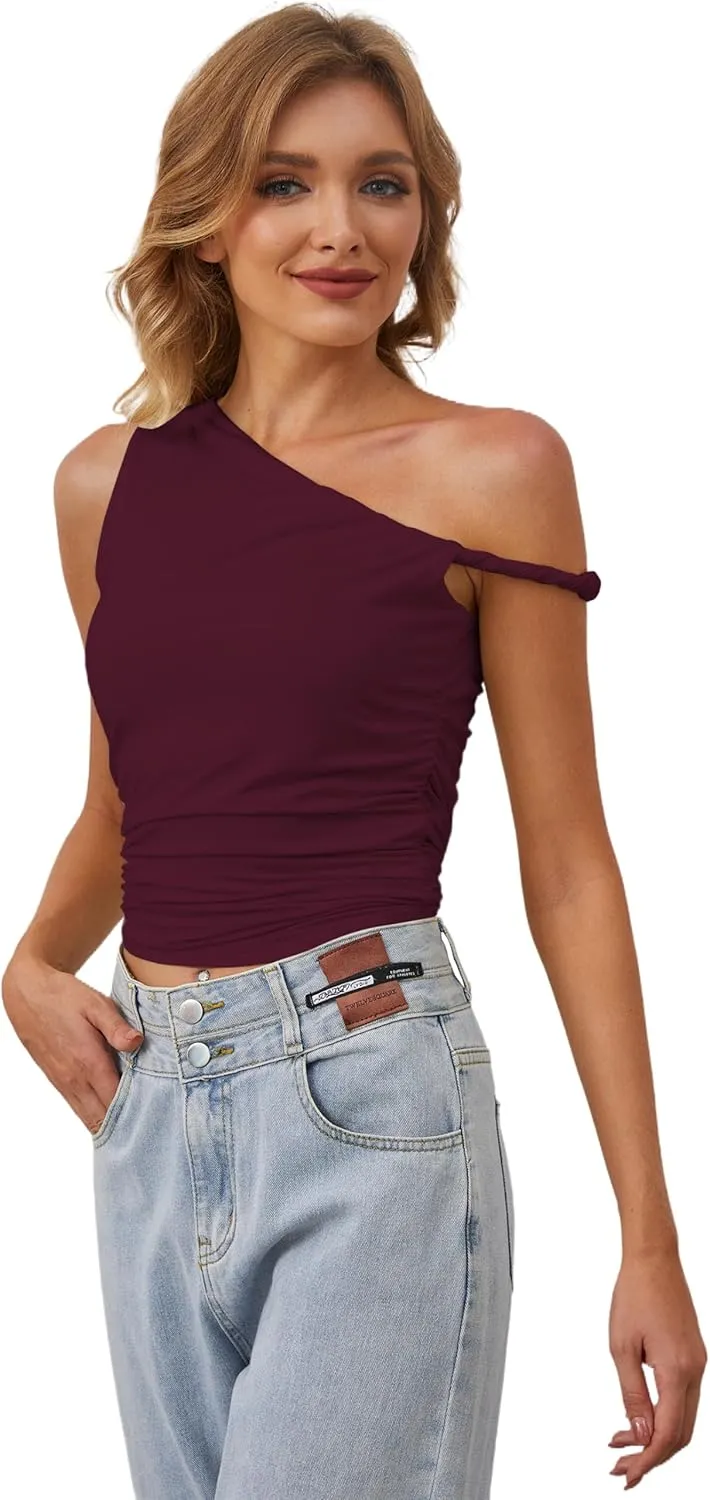 MISSACTIVER Womens Off Shoulder Ruched Crop Tank Tops One Shoulder Twist Strap Crop Tops Summer Going Out Top Crop Shirts