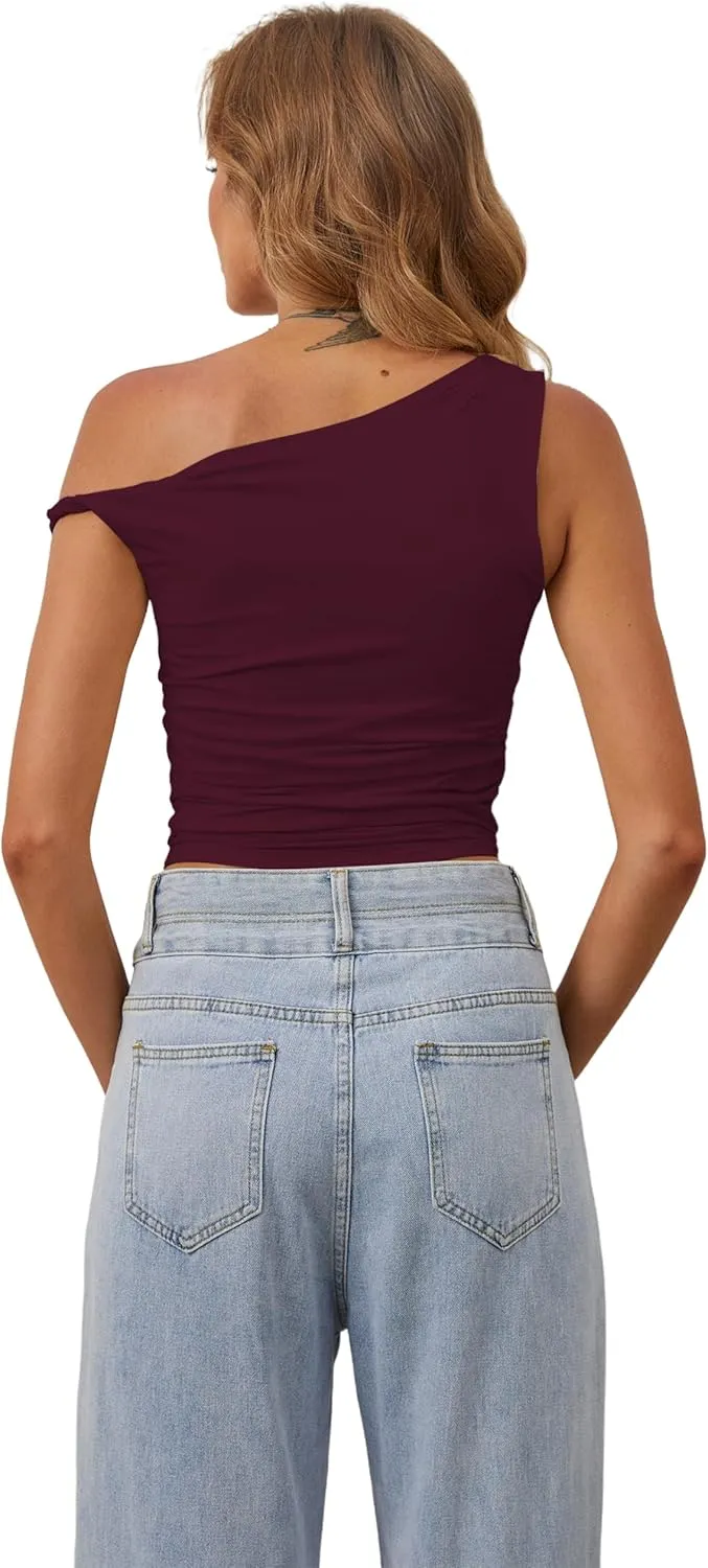 MISSACTIVER Womens Off Shoulder Ruched Crop Tank Tops One Shoulder Twist Strap Crop Tops Summer Going Out Top Crop Shirts
