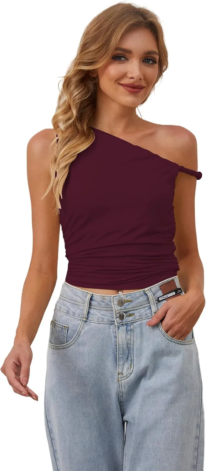 MISSACTIVER Womens Off Shoulder Ruched Crop Tank Tops One Shoulder Twist Strap Crop Tops Summer Going Out Top Crop Shirts