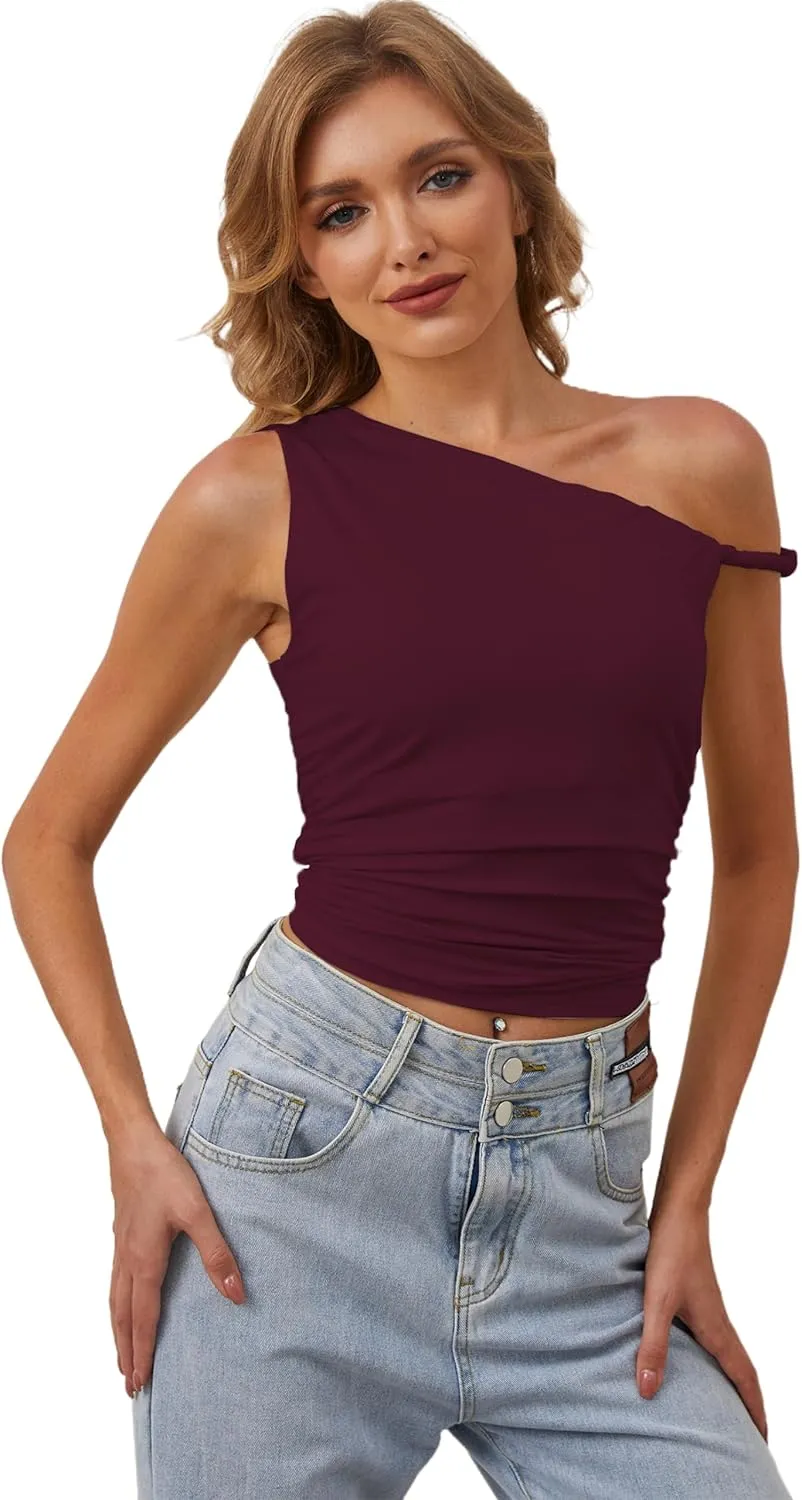MISSACTIVER Womens Off Shoulder Ruched Crop Tank Tops One Shoulder Twist Strap Crop Tops Summer Going Out Top Crop Shirts