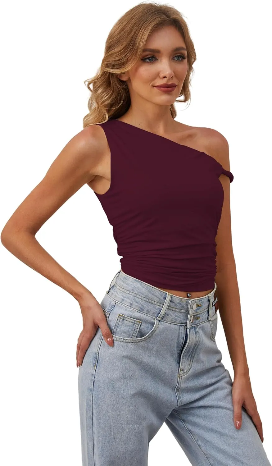 MISSACTIVER Womens Off Shoulder Ruched Crop Tank Tops One Shoulder Twist Strap Crop Tops Summer Going Out Top Crop Shirts