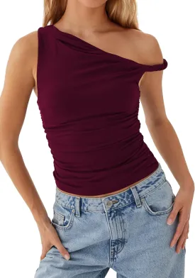 MISSACTIVER Womens Off Shoulder Ruched Crop Tank Tops One Shoulder Twist Strap Crop Tops Summer Going Out Top Crop Shirts