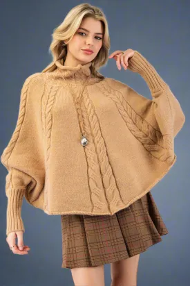 Mock Neck Knit Poncho Sweater Latte