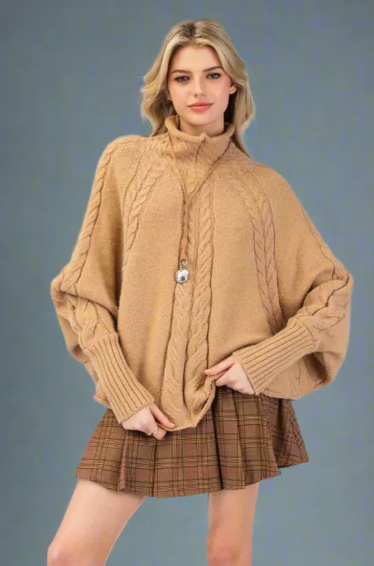 Mock Neck Knit Poncho Sweater Latte