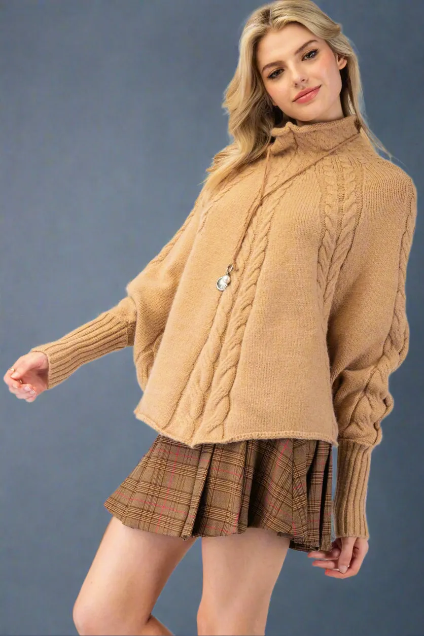 Mock Neck Knit Poncho Sweater Latte