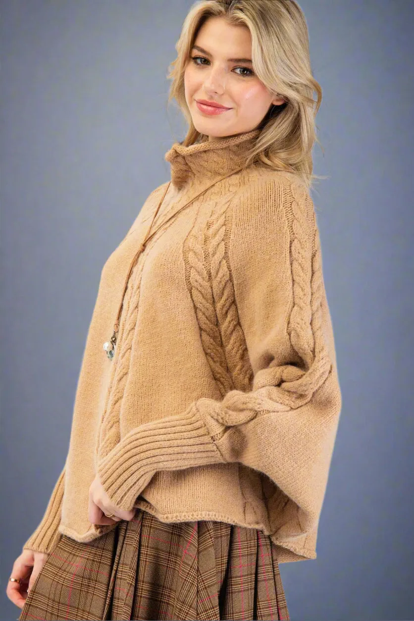 Mock Neck Knit Poncho Sweater Latte