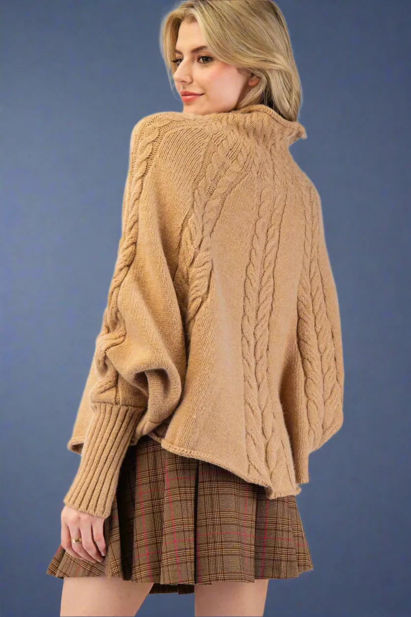 Mock Neck Knit Poncho Sweater Latte