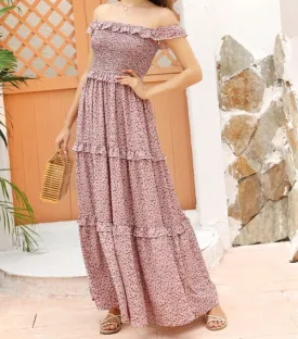 Off Shoulder Shirred Bodice Ruffle Trim Ditsy Floral Dress