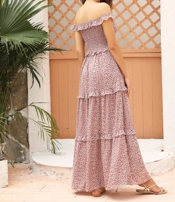 Off Shoulder Shirred Bodice Ruffle Trim Ditsy Floral Dress