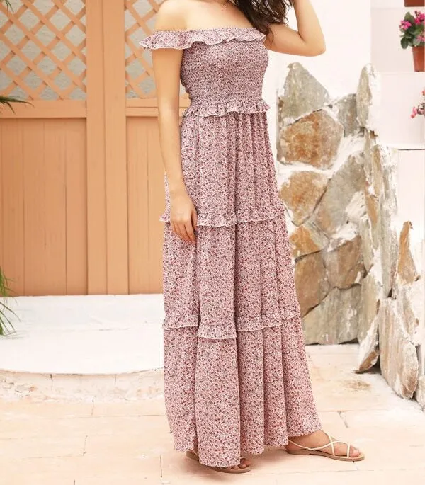 Off Shoulder Shirred Bodice Ruffle Trim Ditsy Floral Dress