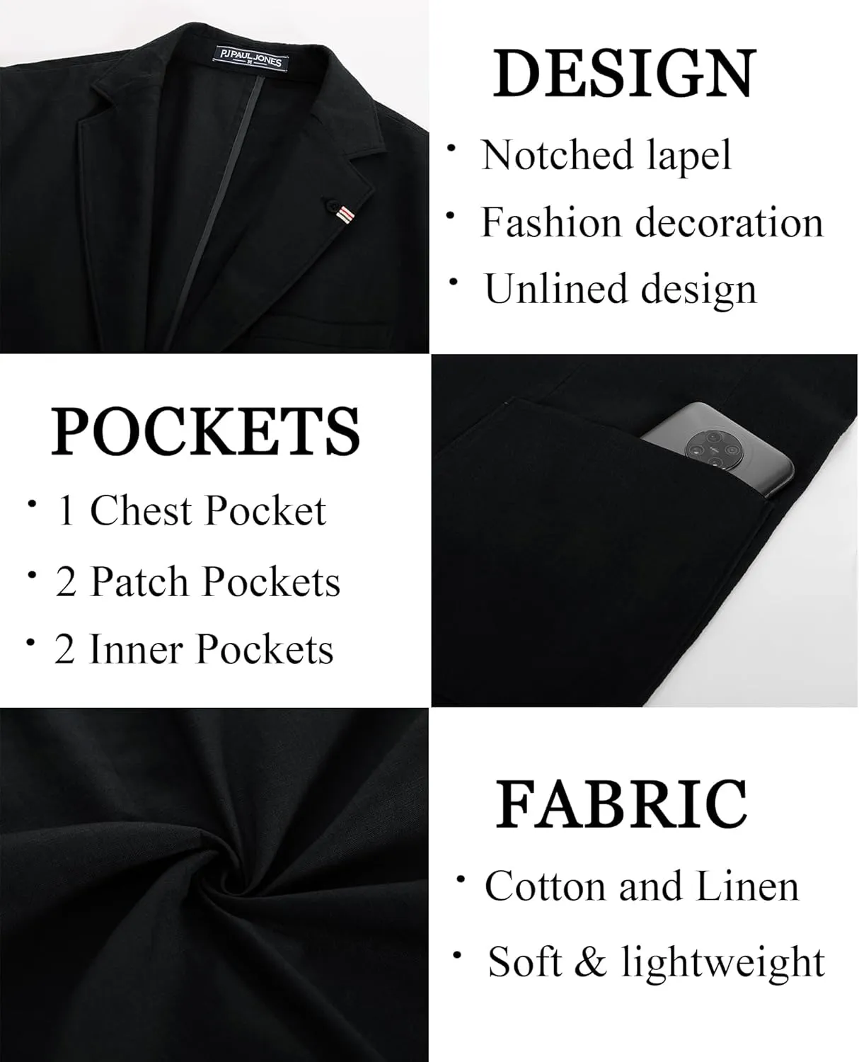 PJ PAUL JONES Mens Blazer Casual Cotton-Linen Sport Coat Lightweight 2 Button Unlined Suit Jackets