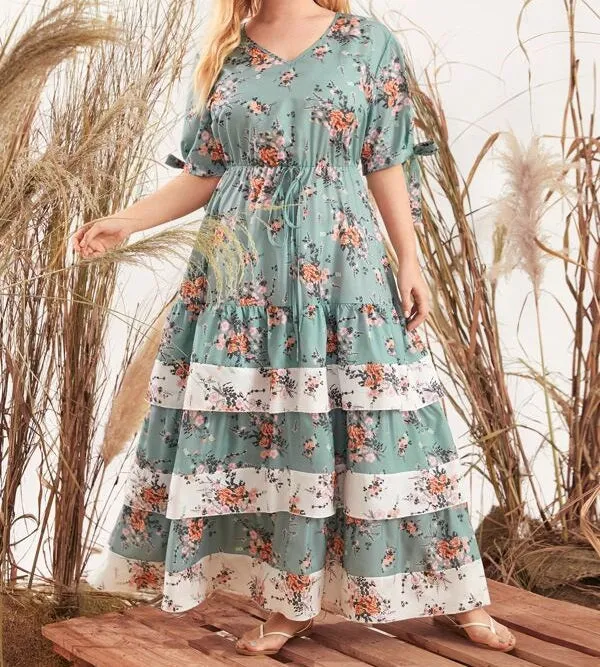 Plus Knotted Cuff Layered Hem Floral Print Dress