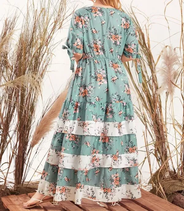 Plus Knotted Cuff Layered Hem Floral Print Dress