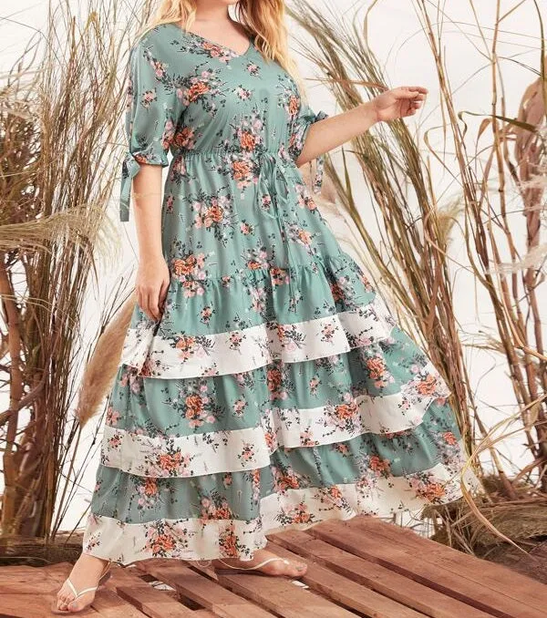 Plus Knotted Cuff Layered Hem Floral Print Dress