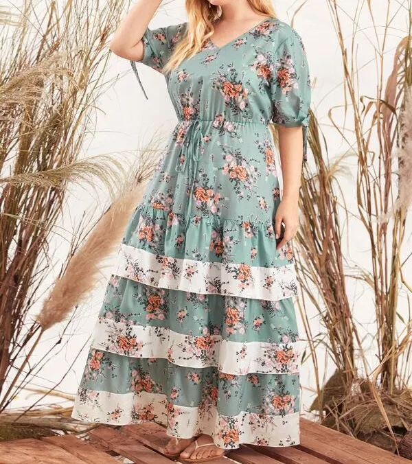 Plus Knotted Cuff Layered Hem Floral Print Dress