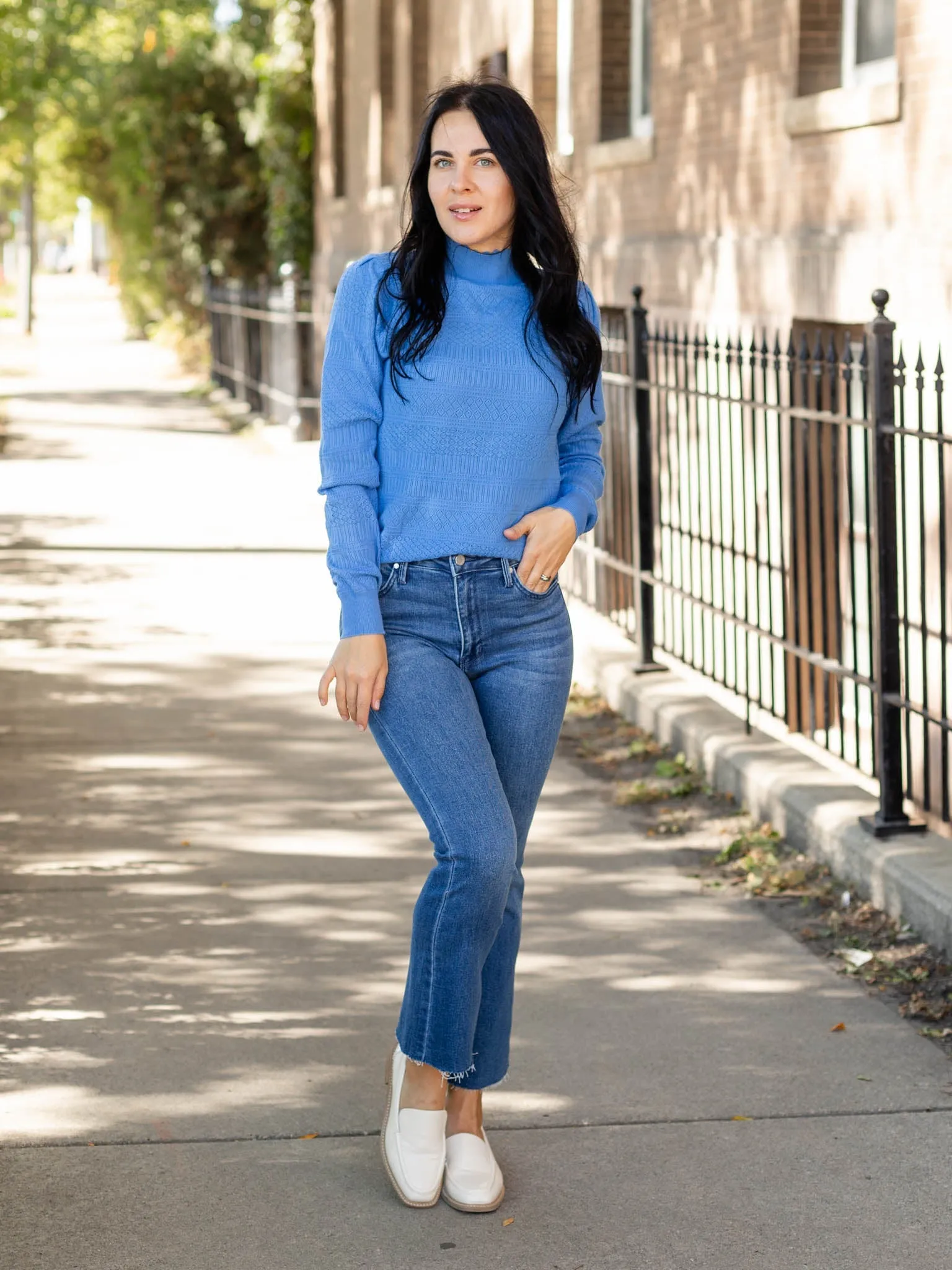 Pointelle Mock Neck Scallop Sweater