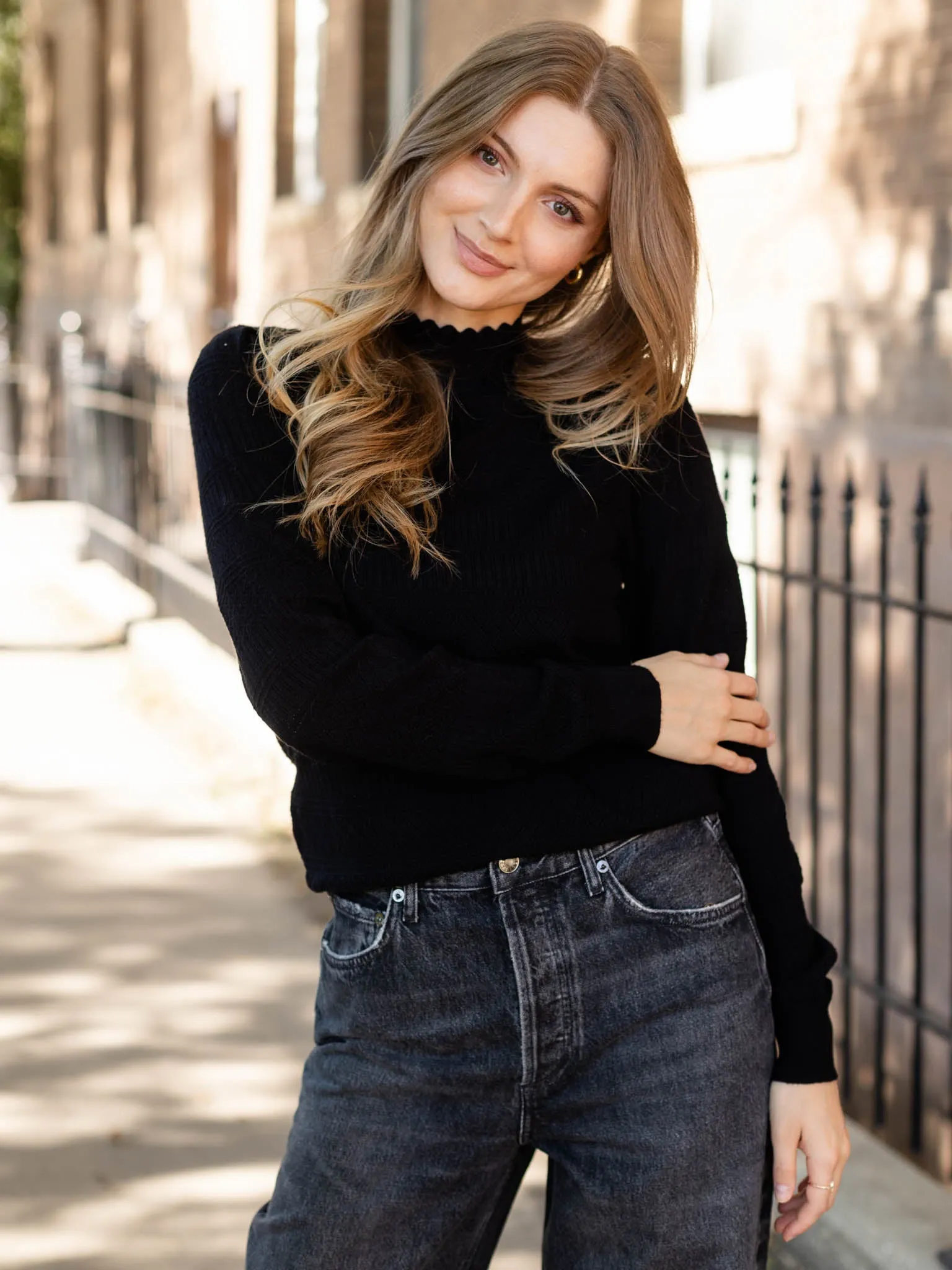 Pointelle Mock Neck Scallop Sweater
