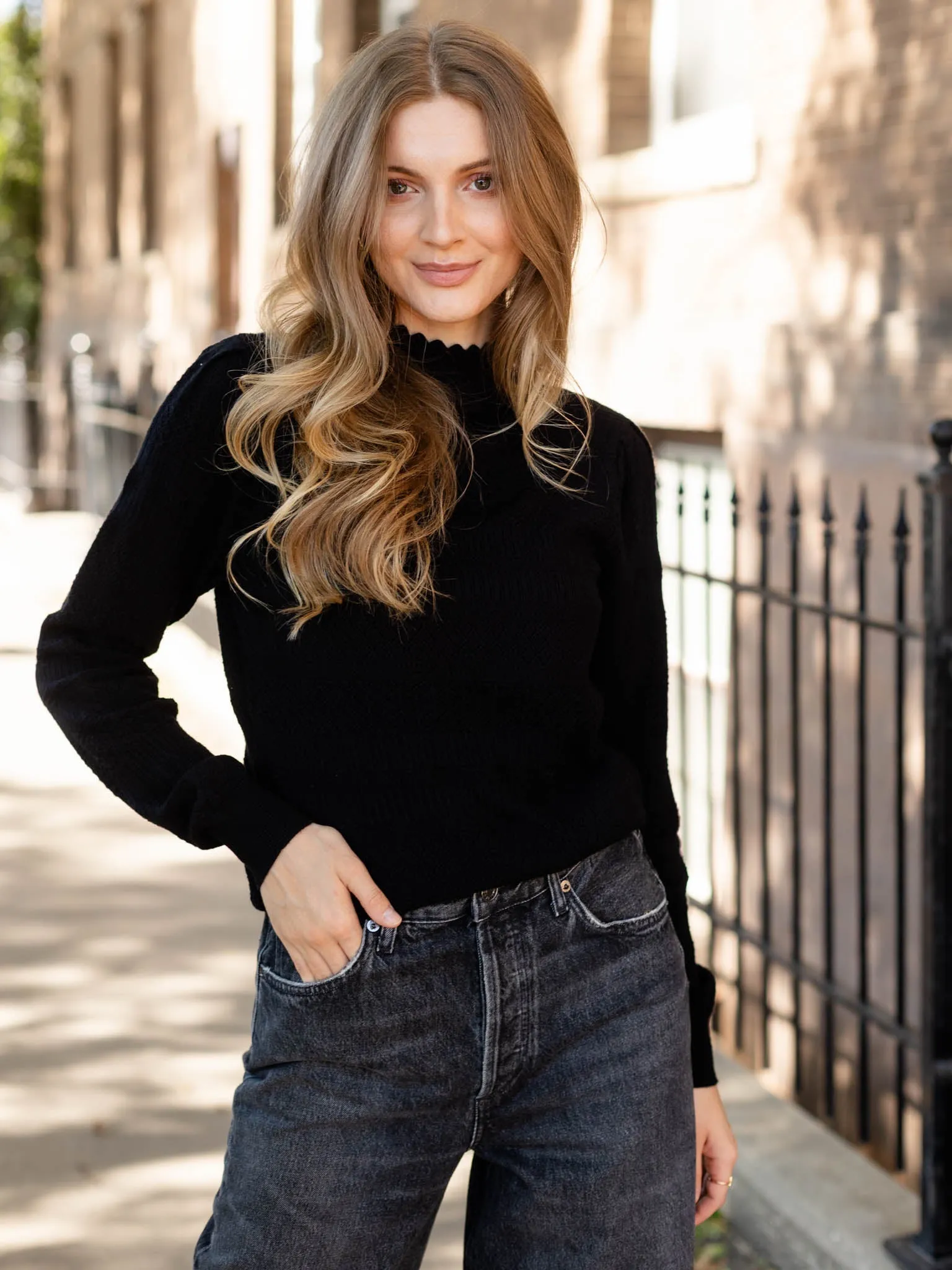 Pointelle Mock Neck Scallop Sweater