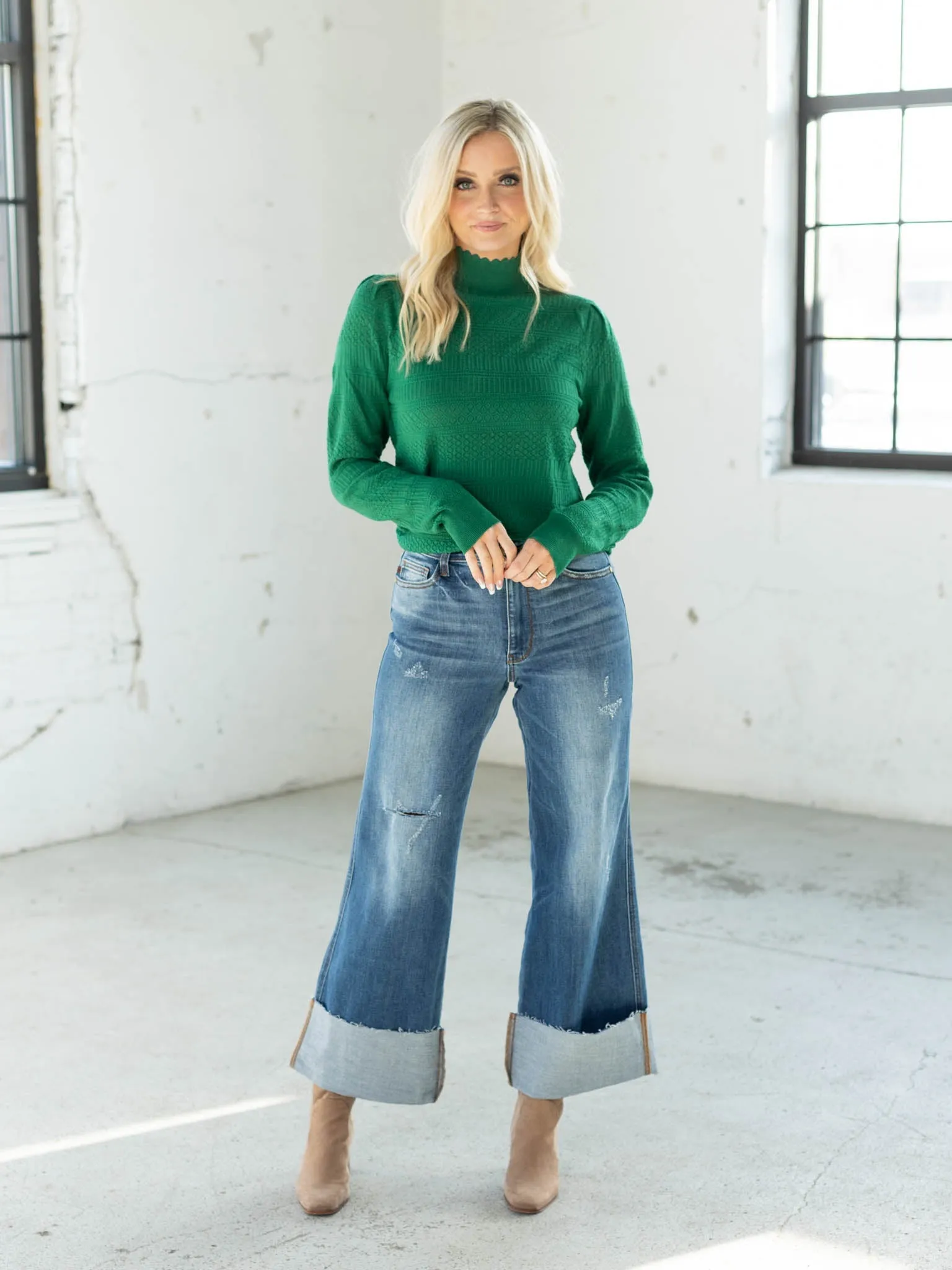 Pointelle Mock Neck Scallop Sweater