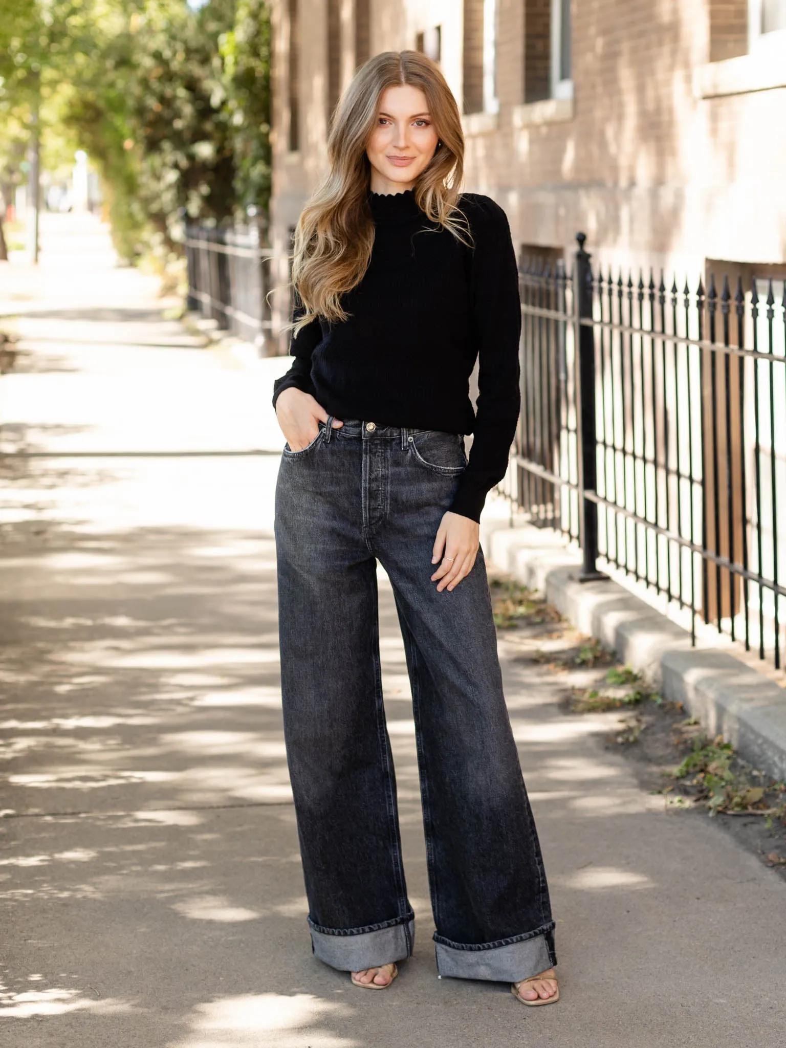 Pointelle Mock Neck Scallop Sweater