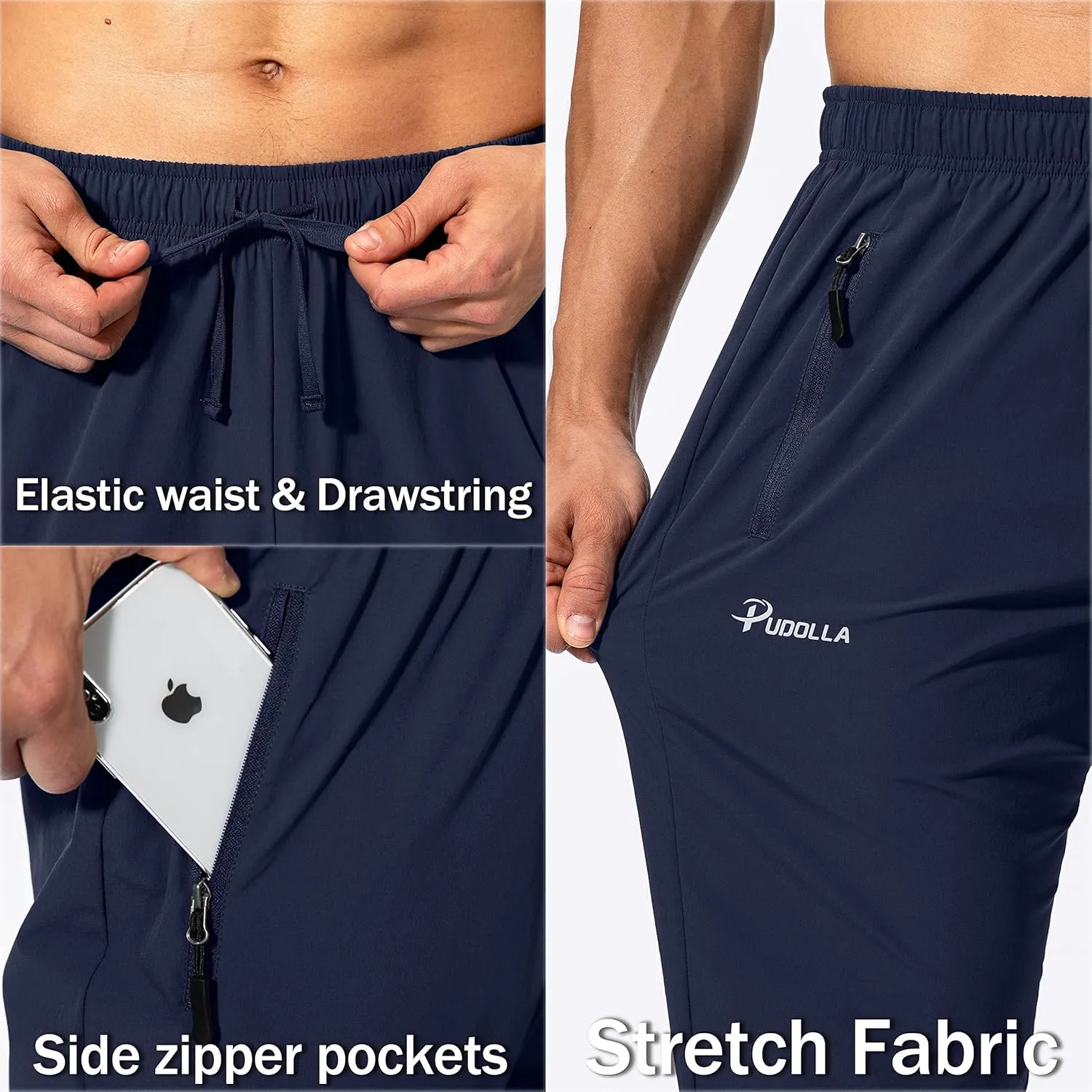 Pudolla Men's Workout Athletic Pants Elastic Waist Jogging Running Pants for Men with Zipper Pockets