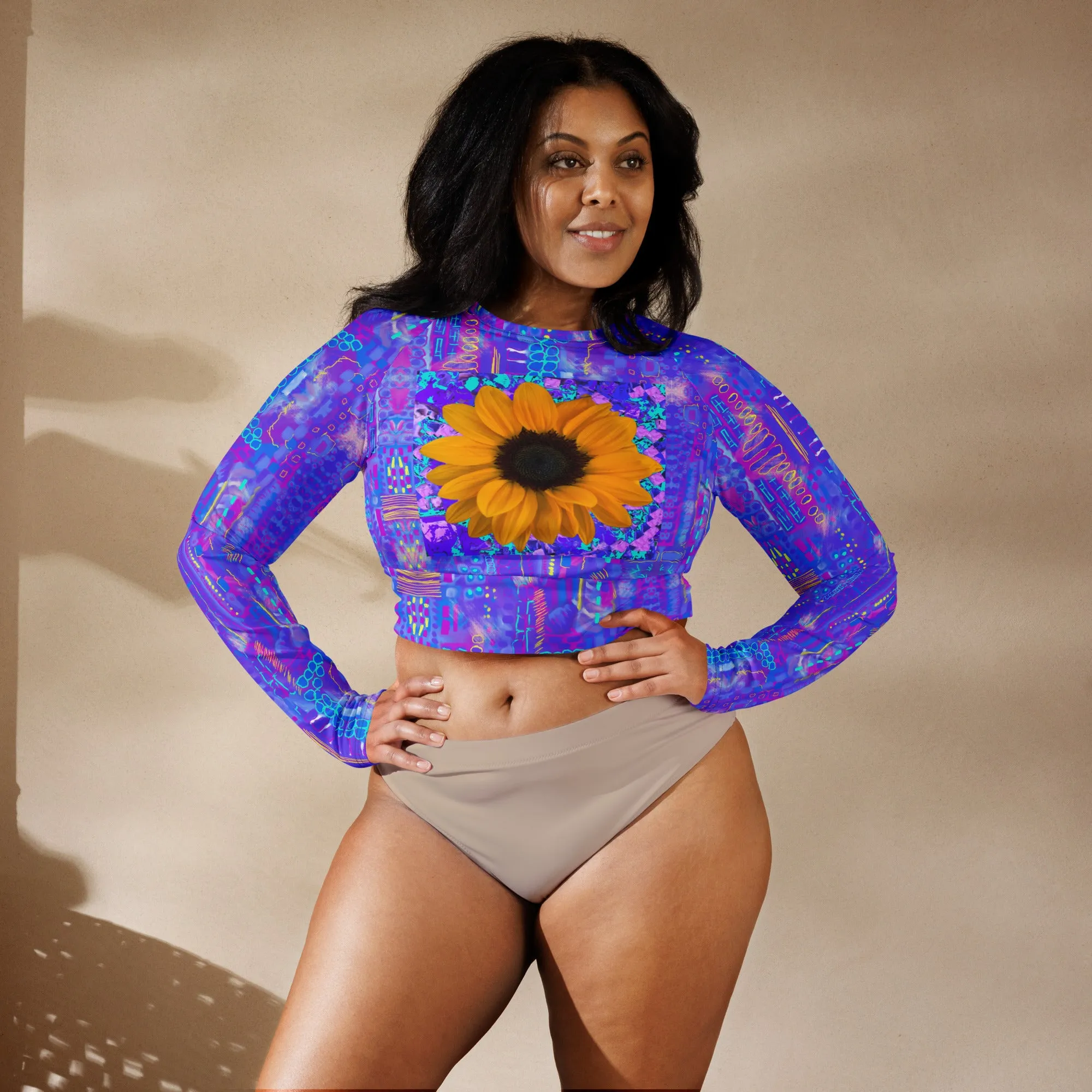 Purple abstract Sunflower detail Recycled long-sleeve crop top
