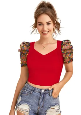 Rich Red Polka-Dot Print Net Sleeves Top