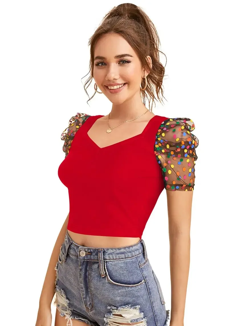 Rich Red Polka-Dot Print Net Sleeves Top