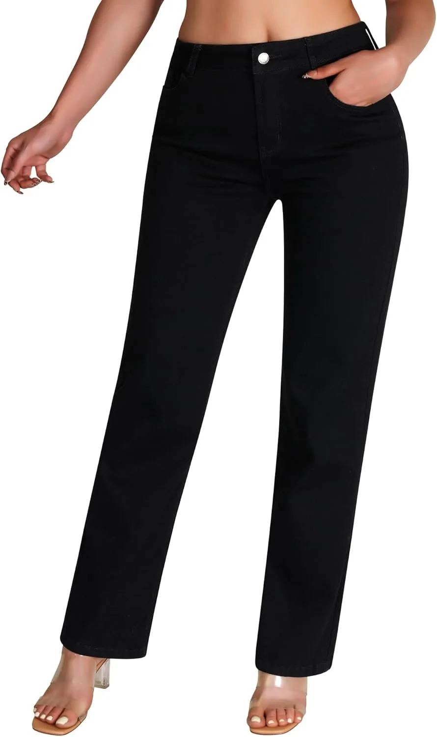 roswear Women's Casual Straight Leg Mid Rise Stretchy Trendy Denim Jeans