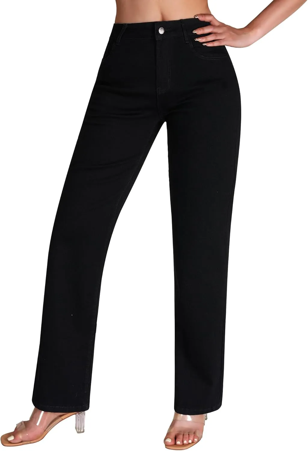 roswear Women's Casual Straight Leg Mid Rise Stretchy Trendy Denim Jeans
