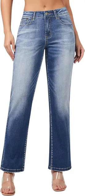roswear Women's Casual Straight Leg Mid Rise Stretchy Trendy Denim Jeans
