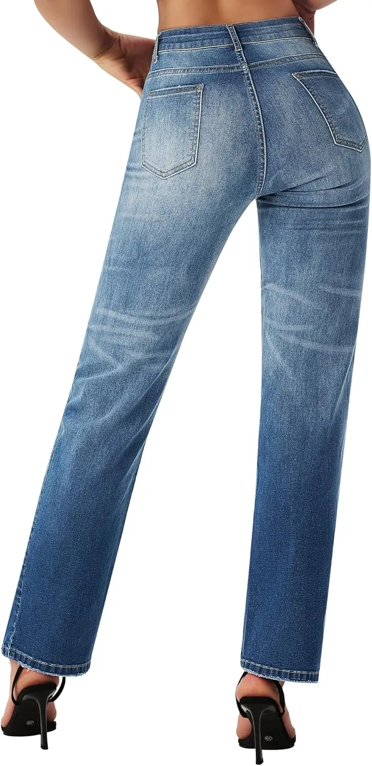 roswear Women's Casual Straight Leg Mid Rise Stretchy Trendy Denim Jeans