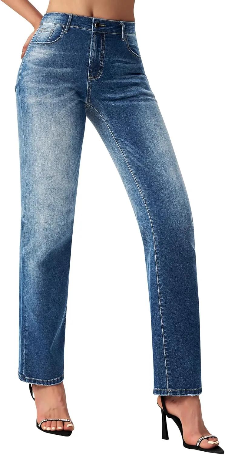 roswear Women's Casual Straight Leg Mid Rise Stretchy Trendy Denim Jeans