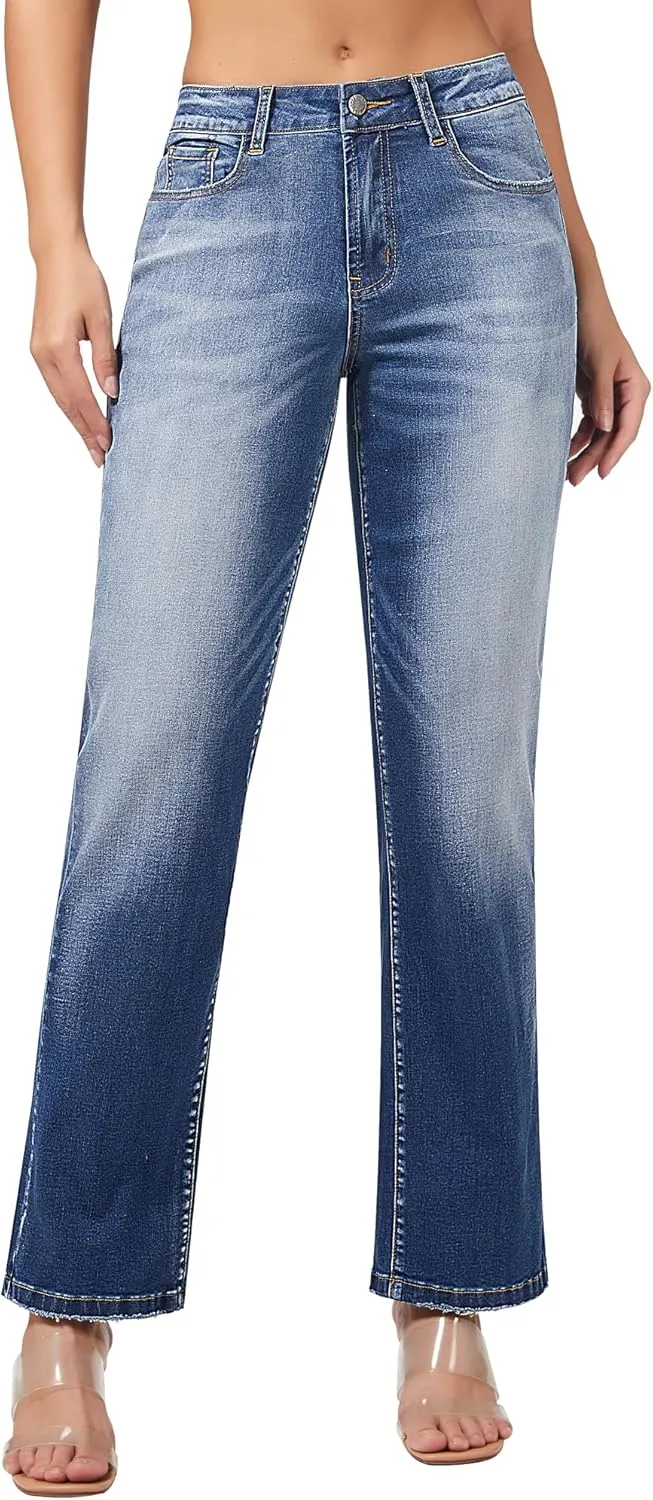 roswear Women's Casual Straight Leg Mid Rise Stretchy Trendy Denim Jeans